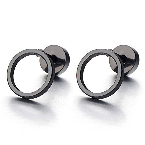 10MM Black Open Circle Screw Stud Earrings for Men Women Steel Cheater Fake Ear Plugs Gauges, 2 pcs - coolsteelandbeyond