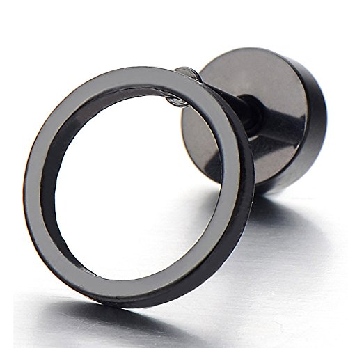 10MM Black Open Circle Screw Stud Earrings for Men Women Steel Cheater Fake Ear Plugs Gauges, 2 pcs - coolsteelandbeyond