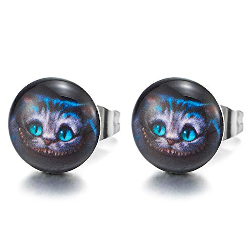 10MM Blue Cat Circle Button Stud Earrings for Men Women, Stainless Steel, Cool, Animal Lover, 2pcs - coolsteelandbeyond