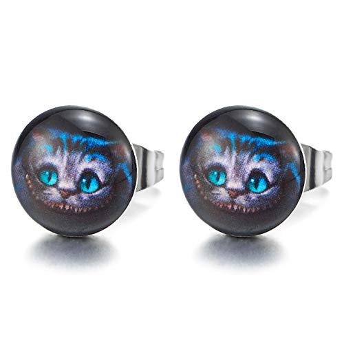 10MM Blue Cat Circle Button Stud Earrings for Men Women, Stainless Steel, Cool, Animal Lover, 2pcs - coolsteelandbeyond