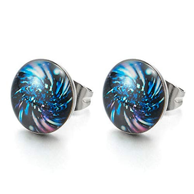 10MM Blue Fireworks Halo Swirl Circle Button Stud Earrings for Men Women, Stainless Steel, 2pcs - coolsteelandbeyond