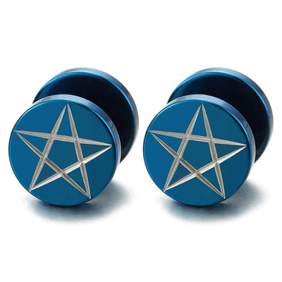 10MM Blue Steel Mens Pentagram Star Stud Earrings, Cheater Fake Ear Plugs Gauges Illusion Tunnel - COOLSTEELANDBEYOND Jewelry
