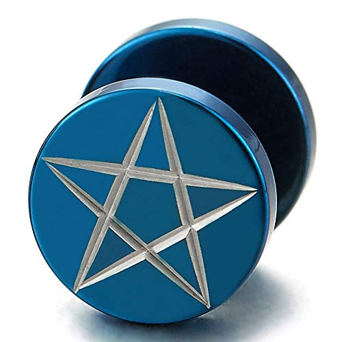 10MM Blue Steel Mens Pentagram Star Stud Earrings, Cheater Fake Ear Plugs Gauges Illusion Tunnel - COOLSTEELANDBEYOND Jewelry