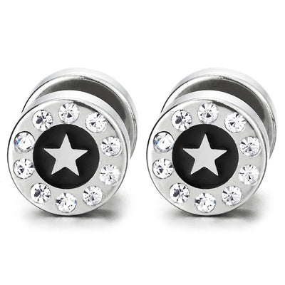 10MM Circle Star Stud Earring CZ Black Enamel, Men Women, Steel Cheater Fake Ear Plugs Gauges Tunnel - coolsteelandbeyond