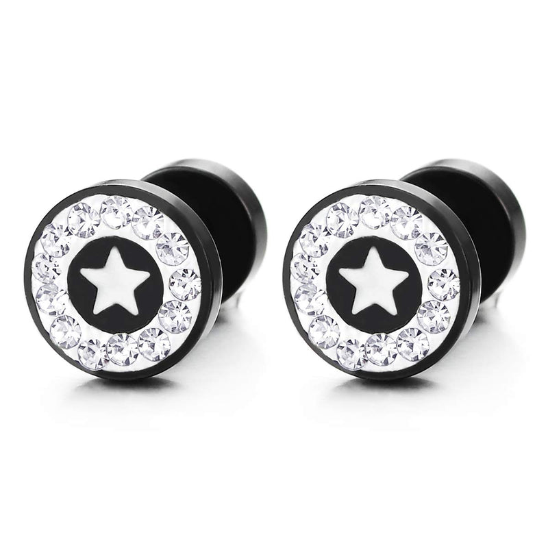 10MM Circle Star Stud Earring CZ Black Enamel, Men Women, Steel Cheater Fake Ear Plugs Gauges Tunnel - COOLSTEELANDBEYOND Jewelry