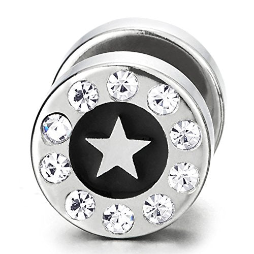 10MM Circle Star Stud Earring CZ Black Enamel, Men Women, Steel Cheater Fake Ear Plugs Gauges Tunnel - coolsteelandbeyond