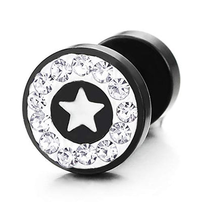 10MM Circle Star Stud Earring CZ Black Enamel, Men Women, Steel Cheater Fake Ear Plugs Gauges Tunnel - COOLSTEELANDBEYOND Jewelry