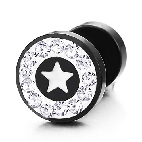 10MM Circle Star Stud Earring CZ Black Enamel, Men Women, Steel Cheater Fake Ear Plugs Gauges Tunnel - COOLSTEELANDBEYOND Jewelry