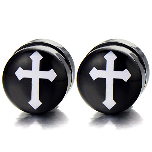 10MM Magnetic Black Circle Cross Stud Earrings for Men Women, Non-Piercing Clip On Fake Ear Plugs Gauges - coolsteelandbeyond