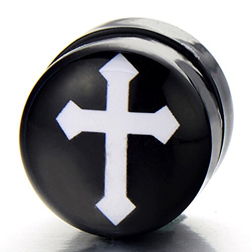 10MM Magnetic Black Circle Cross Stud Earrings for Men Women, Non-Piercing Clip On Fake Ear Plugs Gauges - coolsteelandbeyond