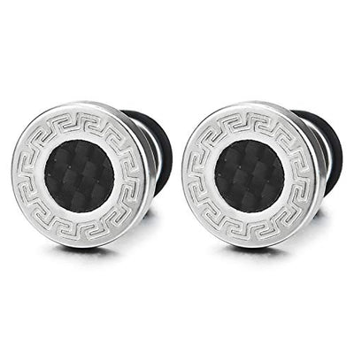 10mm Men Steel Greek Key Stud Earring with Carbon Fiber, Cheater Fake Ear Plugs Gauges - coolsteelandbeyond