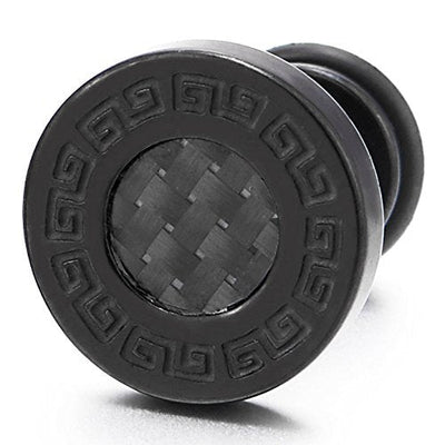 10mm Men Steel Greek Key Stud Earring with Carbon Fiber, Cheater Fake Ear Plugs Gauges - coolsteelandbeyond