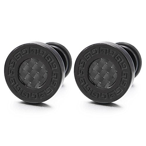 10mm Men Steel Greek Key Stud Earring with Carbon Fiber, Cheater Fake Ear Plugs Gauges - coolsteelandbeyond