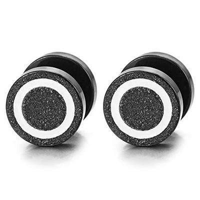 10MM Men Womens Black Circle Stud Earrings Sand Glitter White Enamel, Steel Cheater Fake Ear Plug, - coolsteelandbeyond
