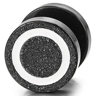 10MM Men Womens Black Circle Stud Earrings Sand Glitter White Enamel, Steel Cheater Fake Ear Plug, - coolsteelandbeyond