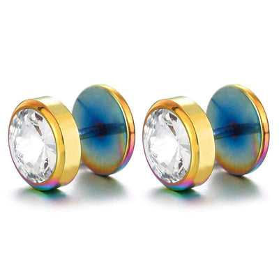 10MM Mens Ladies Oxidized Rainbow Circle Stud Earrings with CZ, Steel Cheater Fake Ear Plugs Gauges - coolsteelandbeyond