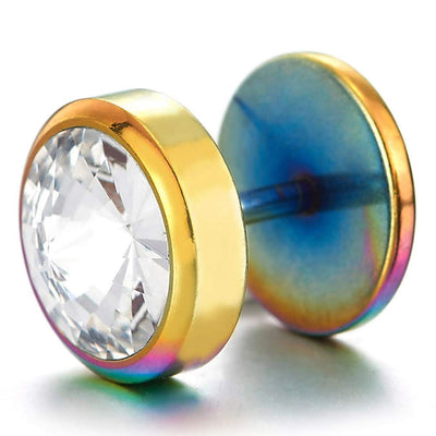 10MM Mens Ladies Oxidized Rainbow Circle Stud Earrings with CZ, Steel Cheater Fake Ear Plugs Gauges - coolsteelandbeyond