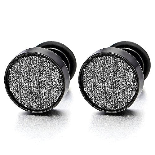 10mm Mens Women Black Circle Stud Earrings Steel Cheater Fake Ear Gauges Black Sand Glitter, 2pcs - COOLSTEELANDBEYOND Jewelry