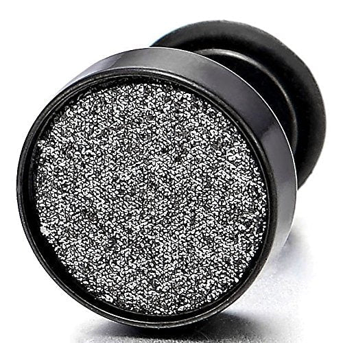 10mm Mens Women Black Circle Stud Earrings Steel Cheater Fake Ear Gauges Black Sand Glitter, 2pcs - COOLSTEELANDBEYOND Jewelry