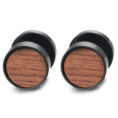 10mm Mens Women Black Circle Stud Earrings with Wood, Steel Cheater Fake Ear Plugs Gauges Tunnel 01 - COOLSTEELANDBEYOND Jewelry