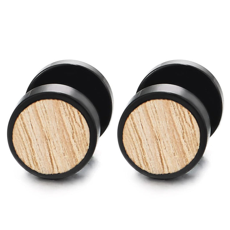 10mm Mens Women Black Circle Stud Earrings with Wood, Steel Cheater Fake Ear Plugs Gauges Tunnel - COOLSTEELANDBEYOND Jewelry