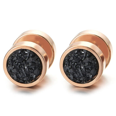 10mm Mens Women Rose Gold Circle Stud Earrings Black Glitter, Steel Cheater Fake Ear Gauges Tunnel - COOLSTEELANDBEYOND Jewelry