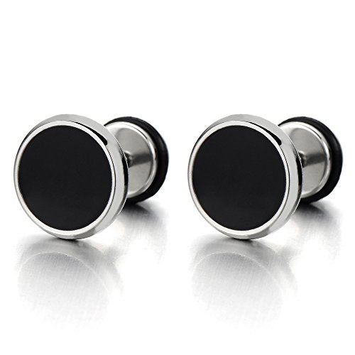 10MM Mens Womens Circle Stud Earrings Steel with Black Enamel, Cheater Fake Ear Plugs Gauges, 2 pcs - coolsteelandbeyond