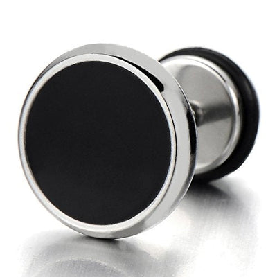 10MM Mens Womens Circle Stud Earrings Steel with Black Enamel, Cheater Fake Ear Plugs Gauges, 2 pcs - coolsteelandbeyond