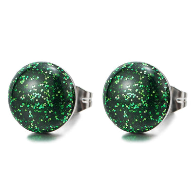 10MM Mens Womens Stainless Steel Circle Dome Stud Earring with Green Black Sand Glitter - COOLSTEELANDBEYOND Jewelry
