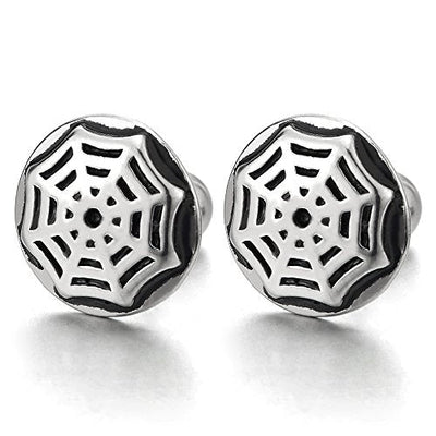 10MM Mens Womens Stainless Steel Silver Black Spider Web Circle Stud Earrings, Screw Back, 2pcs - COOLSTEELANDBEYOND Jewelry