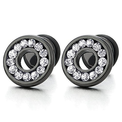 10MM Mens Womens Stud Earrings Steel Cheater Fake Ear Plugs Gauges Screw Back with Cubic Zirconia, 2pcs - coolsteelandbeyond