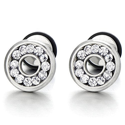 10MM Mens Womens Stud Earrings Steel Cheater Fake Ear Plugs Gauges Screw Back with Cubic Zirconia, 2pcs - coolsteelandbeyond