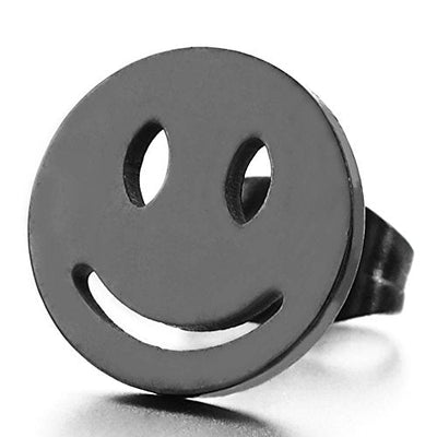 10MM Smiling Face Black Circle Stud Earrings in Stainless Steel for Men Women, 2pcs - coolsteelandbeyond