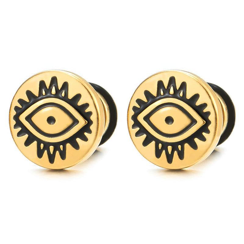 10MM Stainless Steel Evil Eye Gold Color Circle Stud Earrings Black Enamel, Men Women, Screw Back - COOLSTEELANDBEYOND Jewelry