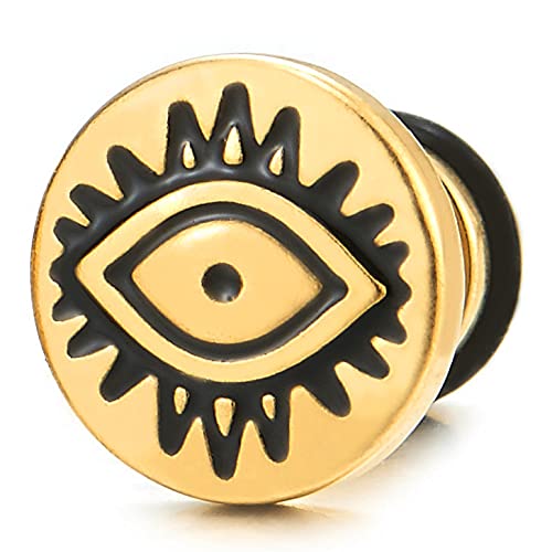 10MM Stainless Steel Evil Eye Gold Color Circle Stud Earrings Black Enamel, Men Women, Screw Back - COOLSTEELANDBEYOND Jewelry