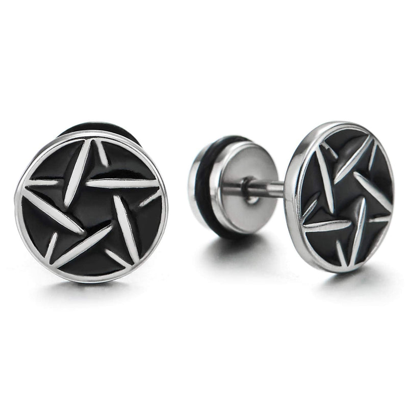 10MM Stainless Steel Star Pentagram Circle Stud Earrings with Black Enamel, Men Women, Screw Back - COOLSTEELANDBEYOND Jewelry