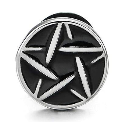 10MM Stainless Steel Star Pentagram Circle Stud Earrings with Black Enamel, Men Women, Screw Back - COOLSTEELANDBEYOND Jewelry