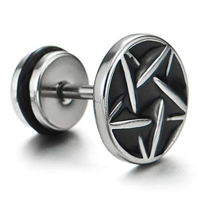 10MM Stainless Steel Star Pentagram Circle Stud Earrings with Black Enamel, Men Women, Screw Back - COOLSTEELANDBEYOND Jewelry