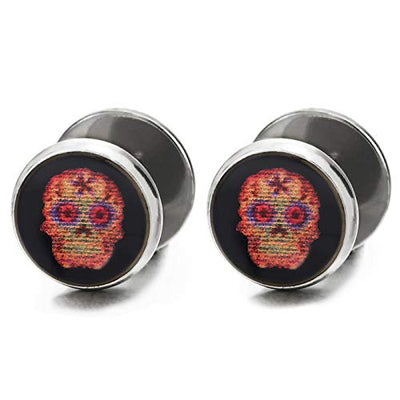 10MM Sugar Skull Circle Stud Earrings for Men Women, Steel Cheater Fake Ear Plugs Gauges Tunnel - coolsteelandbeyond