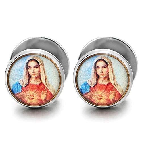 10MM Virgin Mary Image Circle Stud Earrings Men Women, Steel Cheater Fake Ear Plugs Gauges Tunnel - coolsteelandbeyond