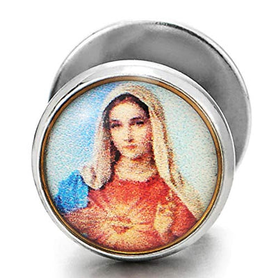 10MM Virgin Mary Image Circle Stud Earrings Men Women, Steel Cheater Fake Ear Plugs Gauges Tunnel - coolsteelandbeyond