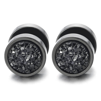 10mm Women Mens Black Circle Stud Earrings Black Glitter, Steel Cheater Fake Ear Plugs Gauges Tunnel - coolsteelandbeyond