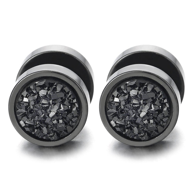 10mm Women Mens Black Circle Stud Earrings Black Glitter, Steel Cheater Fake Ear Plugs Gauges Tunnel - coolsteelandbeyond