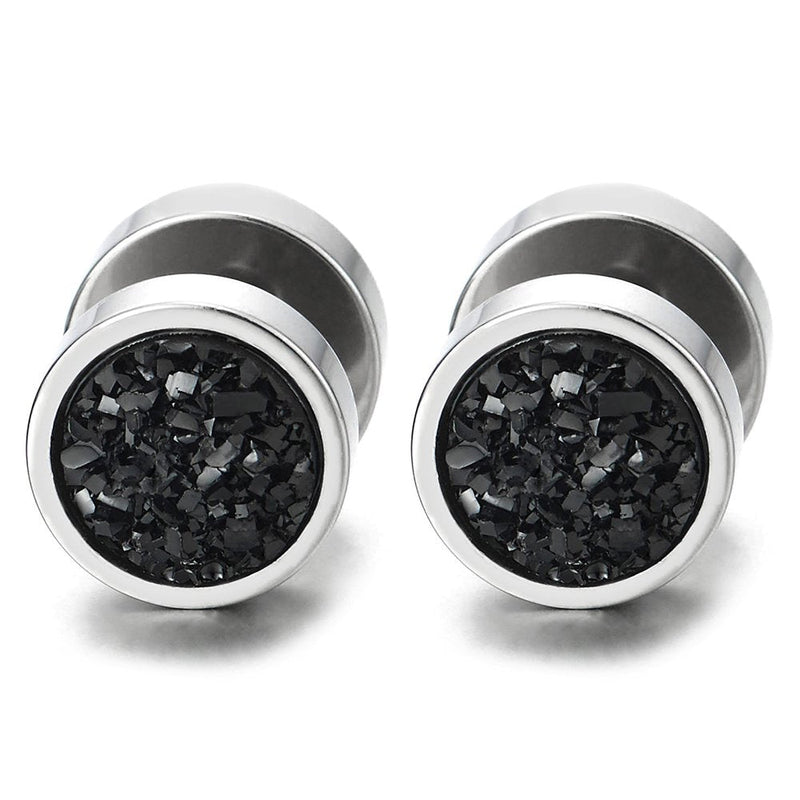 10mm Women Mens Black Circle Stud Earrings Black Glitter, Steel Cheater Fake Ear Plugs Gauges Tunnel - coolsteelandbeyond