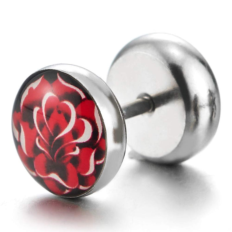 10MM Women Screw Stud Earring with Flower Red Rose Steel Cheater Fake Ear Plugs Illusion Tunnel - COOLSTEELANDBEYOND Jewelry