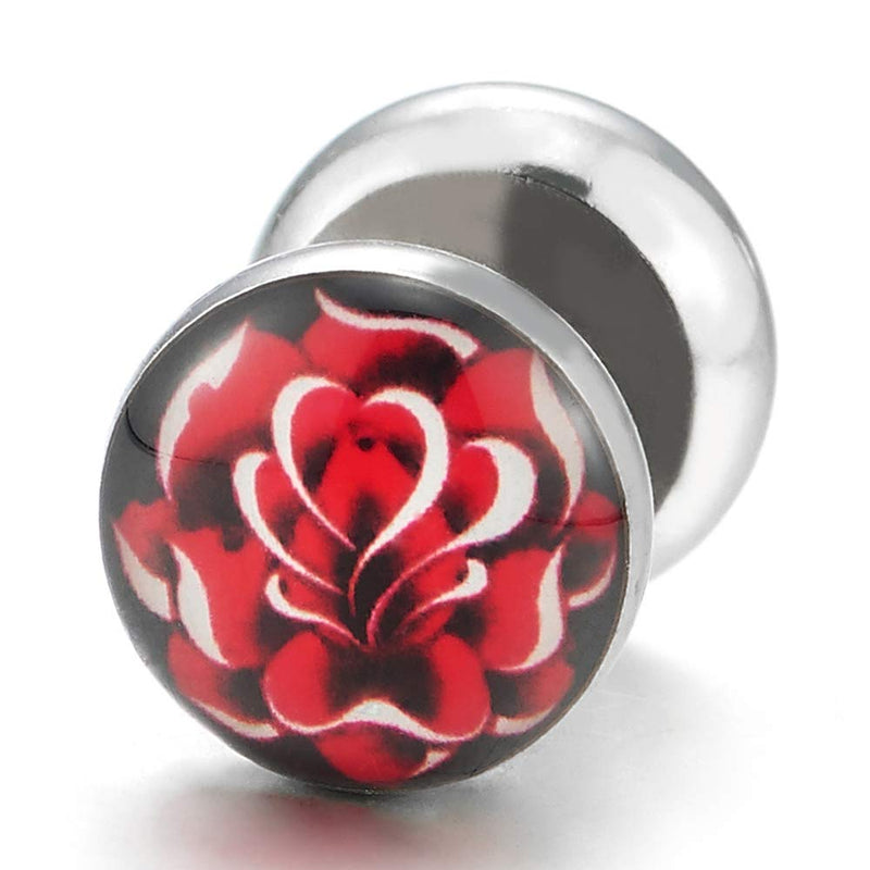 10MM Women Screw Stud Earring with Flower Red Rose Steel Cheater Fake Ear Plugs Illusion Tunnel - COOLSTEELANDBEYOND Jewelry