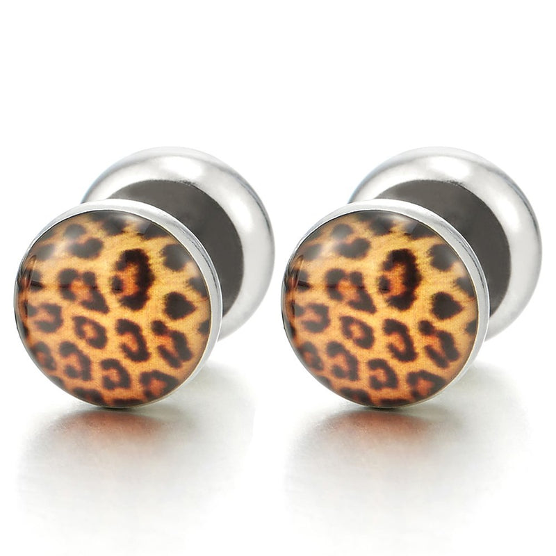 10MM Womens Screw Stud Earring with Leopard Print Pattern, Steel Cheater Fake Ear Plug Gauges - COOLSTEELANDBEYOND Jewelry