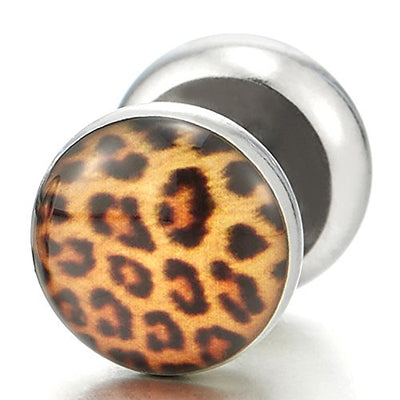 10MM Womens Screw Stud Earring with Leopard Print Pattern, Steel Cheater Fake Ear Plug Gauges - COOLSTEELANDBEYOND Jewelry