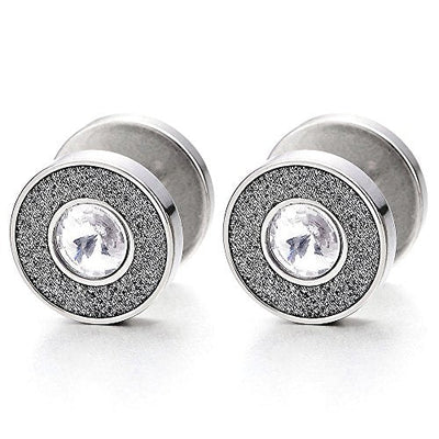 12MM Men Women Stud Earrings with CZ and Sand Glitter Steel Cheater Fake Ear Plug Gauges Screw Back - coolsteelandbeyond