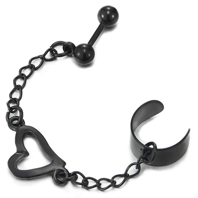 1pc Women Steel Black Ball Stud Ear Cuff Ear Clip Non-Piercing Irregular Heart Chain Link Earring - COOLSTEELANDBEYOND Jewelry